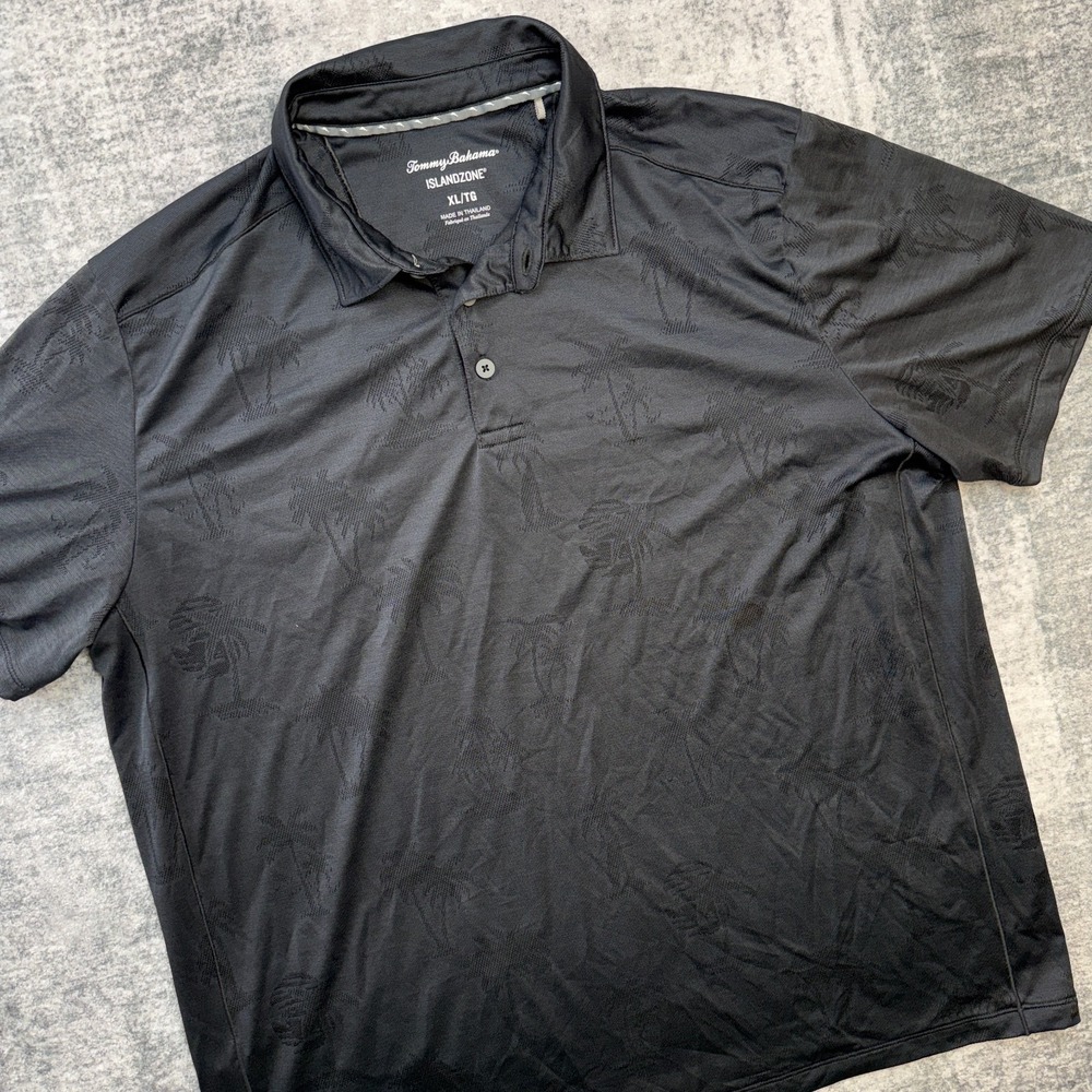 Tommy Bahama Polo Shirt Mens XL Black Palm Coast Floral Island Zone Performance